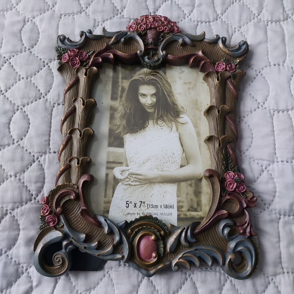 Terragrafics Victorian Ornate Rose Floral Resin Picture Frame 5x7 Brown Pink Blu